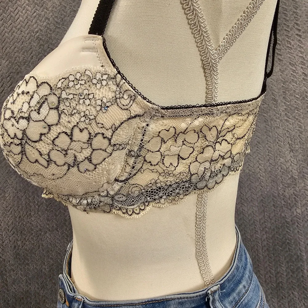 Victorias‎ Secret Dream Angels Lined Demi Bra 36C Cream Black Lace Rhinestone